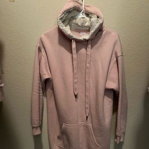 Soft pink hoodie dress with furry hood